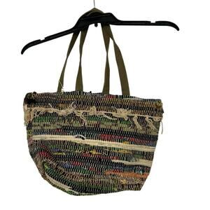 RAJ NWT Handwoven Tote Bag Multicolor Black Green Cream With Fringe Detail